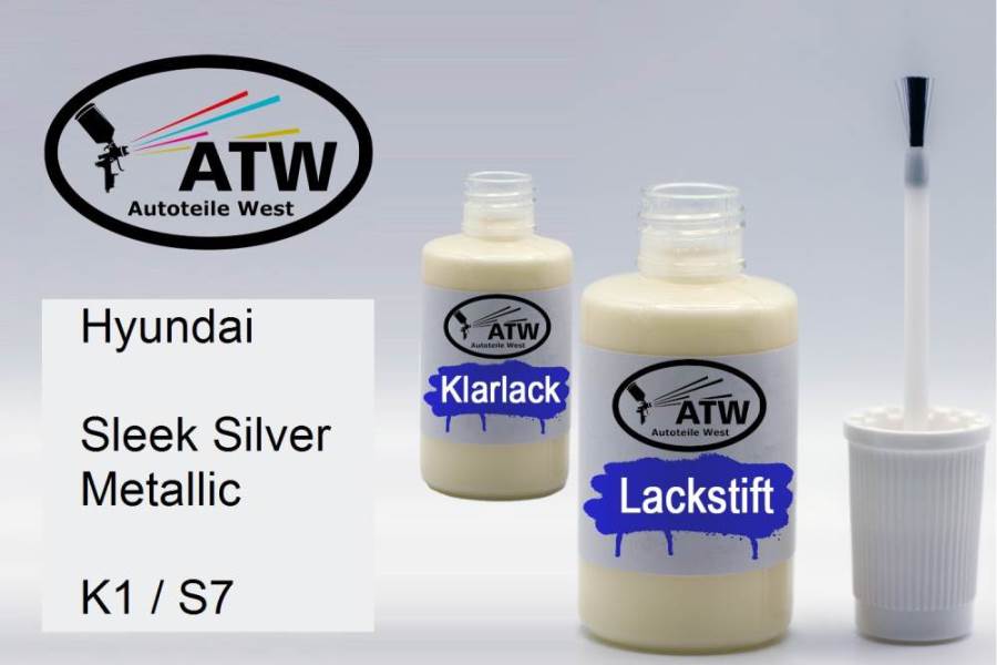 Hyundai, Sleek Silver Metallic, K1 / S7: 20ml Lackstift + 20ml Klarlack - Set, von ATW Autoteile West.